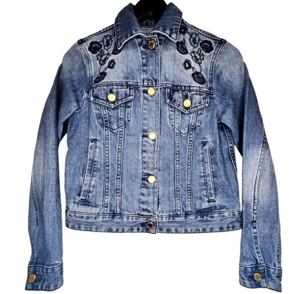 Michael Kors | Blue Floral Embroidered Denim Jean Jacket